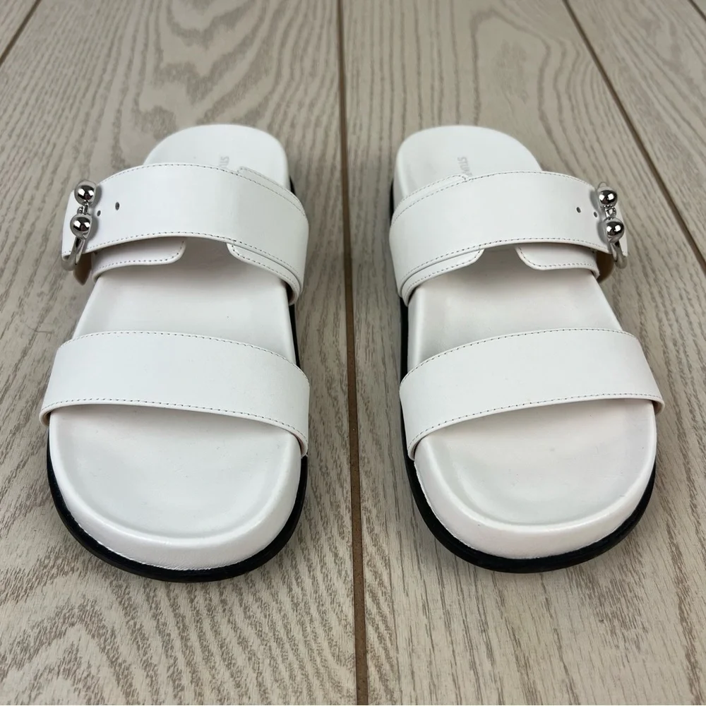 Stuart Weitzman Joni Leather Footbed Buckle Strap Slide Sandals 5.5B White $325